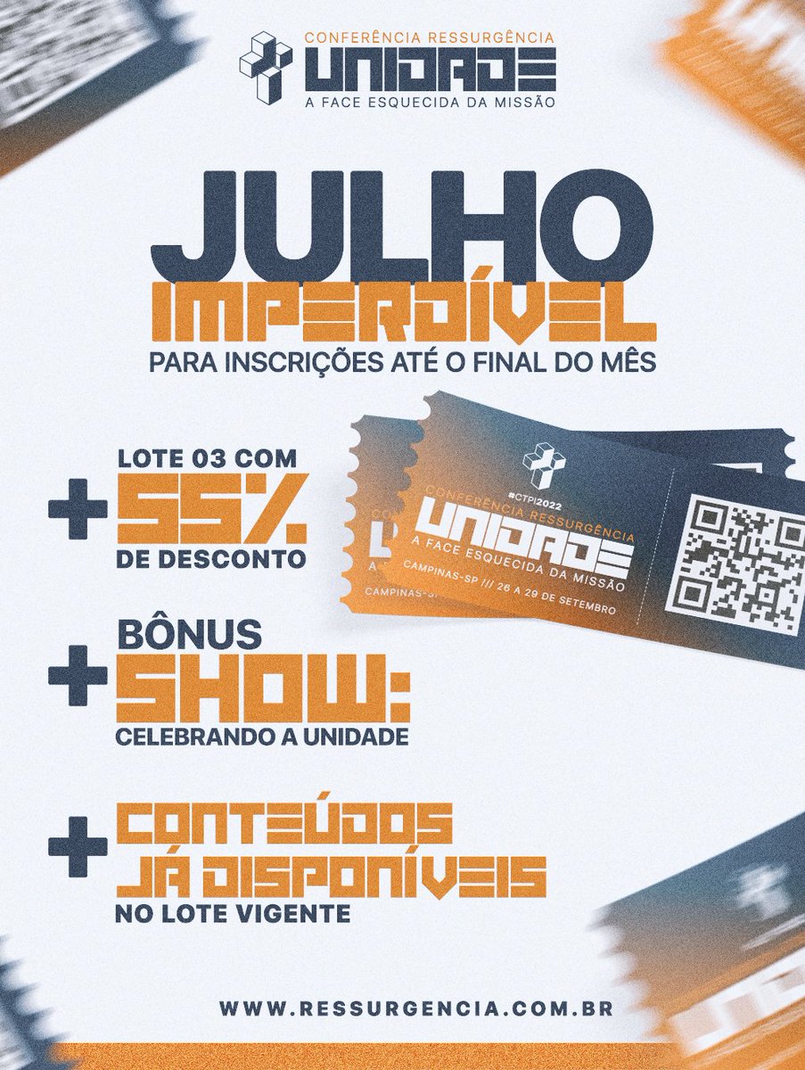 ⛔ NÃO DÁ PARA PERDER ESSA OPORTUNIDADE

Fazendo sua inscrição nesse mês de julho para a CONFERÊNCIA RESSURGÊNCIA você sai ganhando com uma série de benefícios:

⌛O tempo está passando rápido e o lote termina dia 31.

👉 Faça já sua inscrição em: ressurgencia.com.br