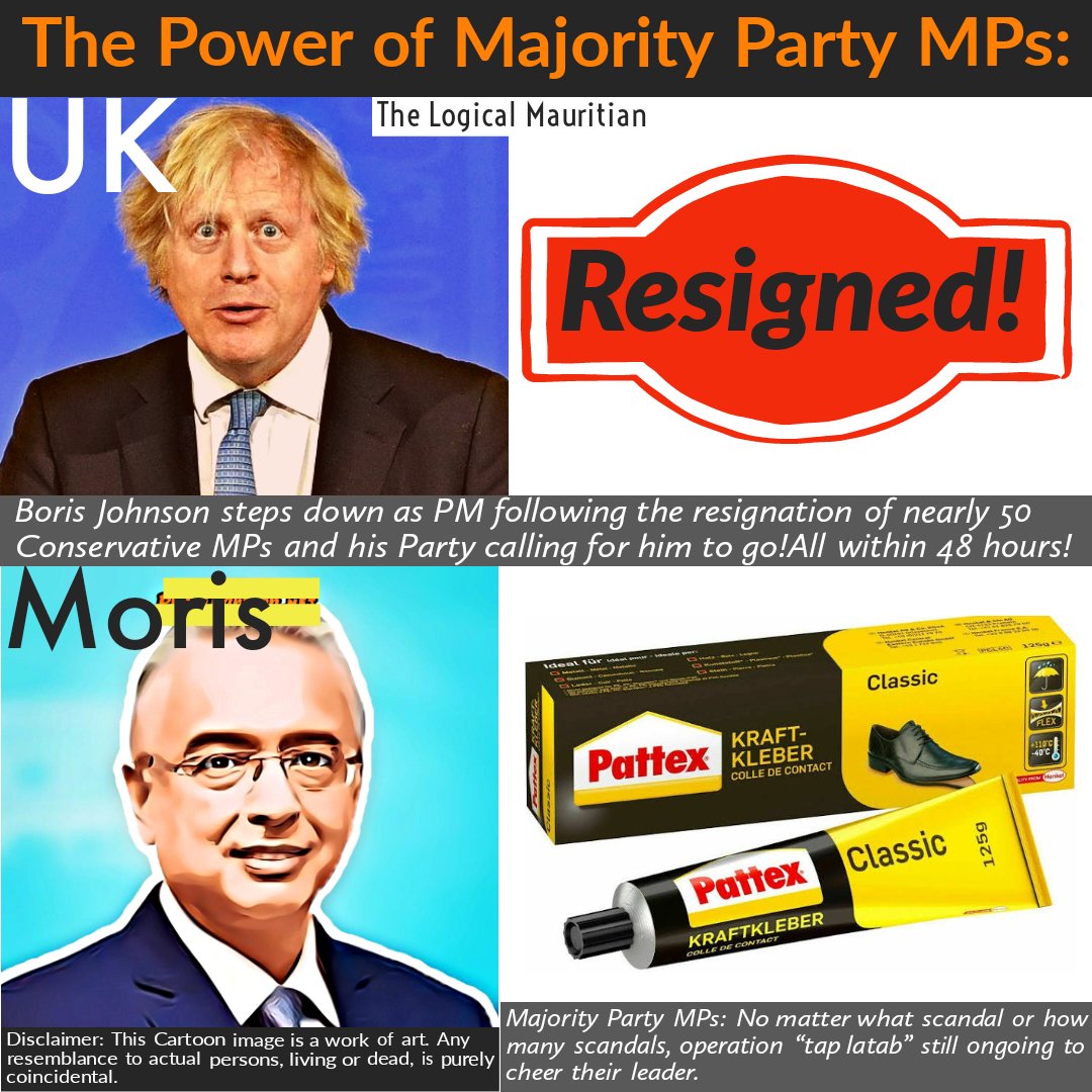 mauritianlogic's tweet photo. UK: in the past 48 hours, nearly 50 #Conservative MPs have resigned asking for #BorisJohnson to step down following the #PartyGate scandal & a recent allegation.
Moris: 2.5 years with #Wakashio, #Hyperpharm, #AngusRoad, #Betamax, #CovidProcurement..#pattex lor chaise. https://t.co/rKdqgqAOjb