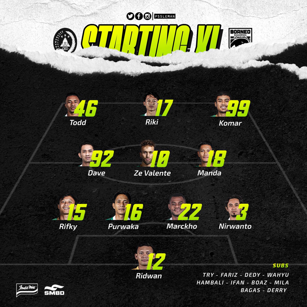 PSSleman's tweet photo. Susunan penggawa Super Elja untuk laga malam hari ini menghadapi Pesut Etam! 🦅

#PSS #UnityForOurGlory #PialaPresiden #PSSVsBorneoFC #PSSday https://t.co/NvLcHF8v23