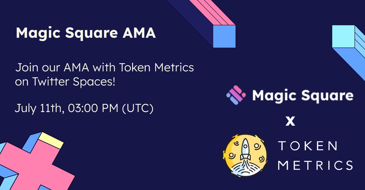 Magic Square (@magicsquareio) on Twitter photo We are thrilled to have <a href="/tokenmetricsinc/">Token Metrics</a> joining us for a meaningful afternoon on July 11, 15:00 UTC!
#TokenMetrics' Senior Market Analyst, Bill Noble will share his views on #AI development and get into the macros of #crypto investments!
👇
x.com/i/spaces/1Yqxo… We are thrilled to have <a href="/tokenmetricsinc/">Token Metrics</a> joining us for a meaningful afternoon on July 11, 15:00 UTC!
#TokenMetrics' Senior Market Analyst, Bill Noble will share his views on #AI development and get into the macros of #crypto investments!
👇
x.com/i/spaces/1Yqxo…