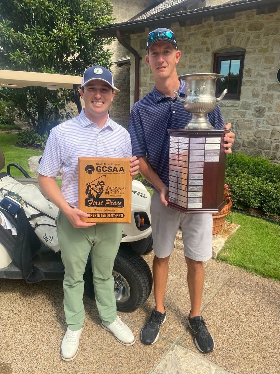 Congratulations to Whispering Pines First Assistant Professional Colton Escamilla and Superintendent Cody Fisseler on winning the Superintendent-Pro for the GCSAA South Texas Chapter. 

#ThePines
