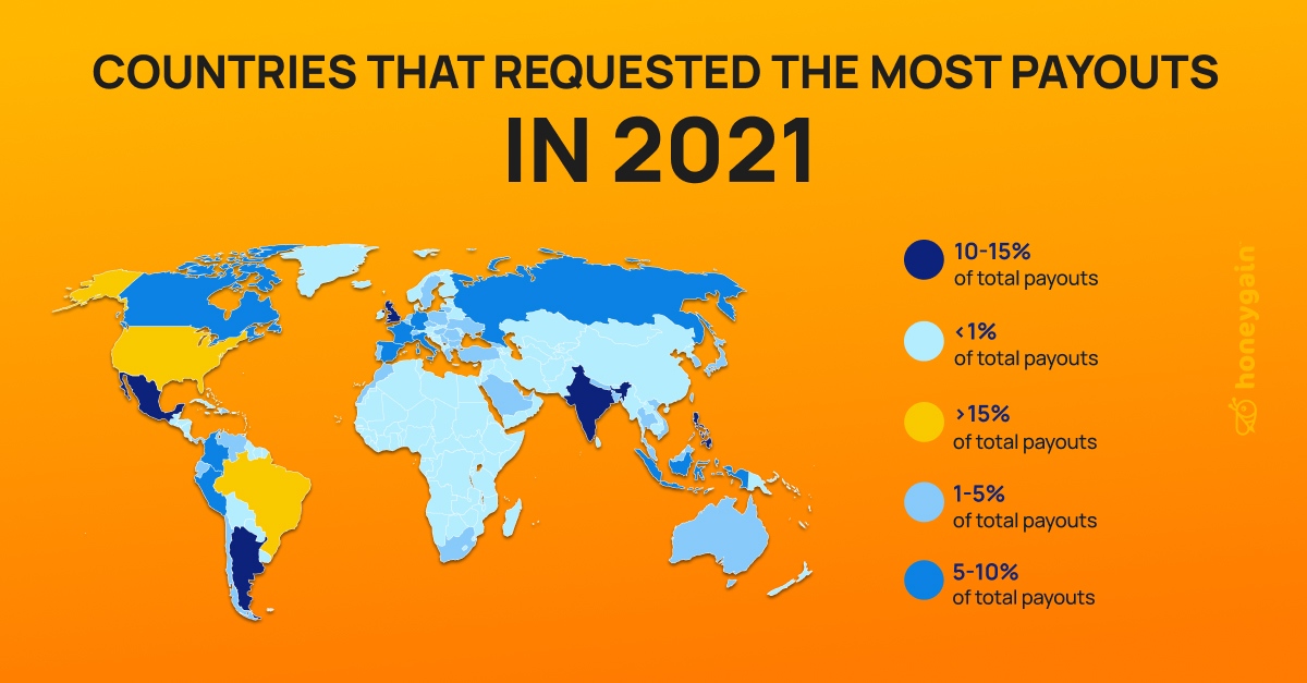 Honeygain_App's tweet photo. Can you guess in which countries our #Honeygain users requested the most #Payouts in 2021? 🍯 It’s #Brazil and the #US! 🥳 According to our Overview, the bronze medal goes to many different countries like the #UK, #India, #Mexico, etc. 🙌 Where are you from? 🤔 Leave a comment! https://t.co/VvW5sNJEpg
