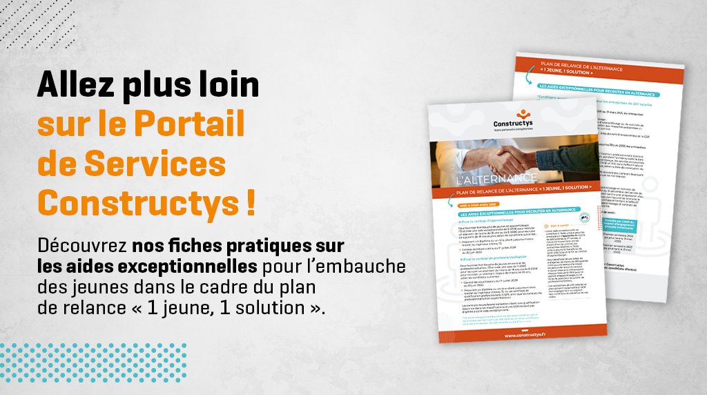 Constructys_'s tweet photo. [#5RaisonsDeRecruterEnAlternance]
@Constructys_ vous accompagne pour l’embauche des jeunes dans le cadre du plan de relance #1jeune1solution
Pour découvrir nos fiches pratiques sur les aides
👉 https://t.co/VtlIWcC13v
#recrutement #raison3 https://t.co/F4ewdXibzp