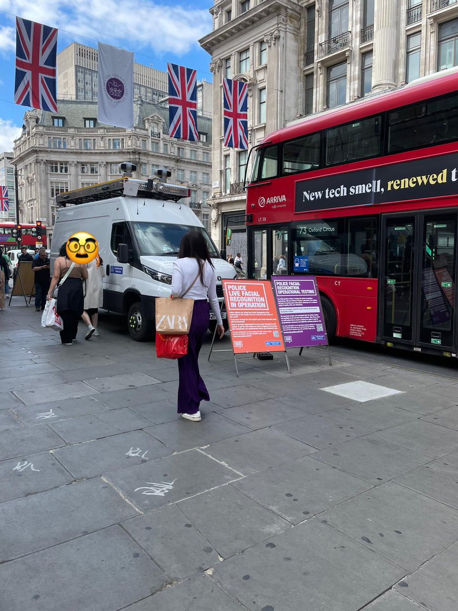 Heads up, facial recognition technology being deployed at Oxford Circus. You DON’T need to walk past the camera and you CAN cover your face if you want to. #BanFacialRec