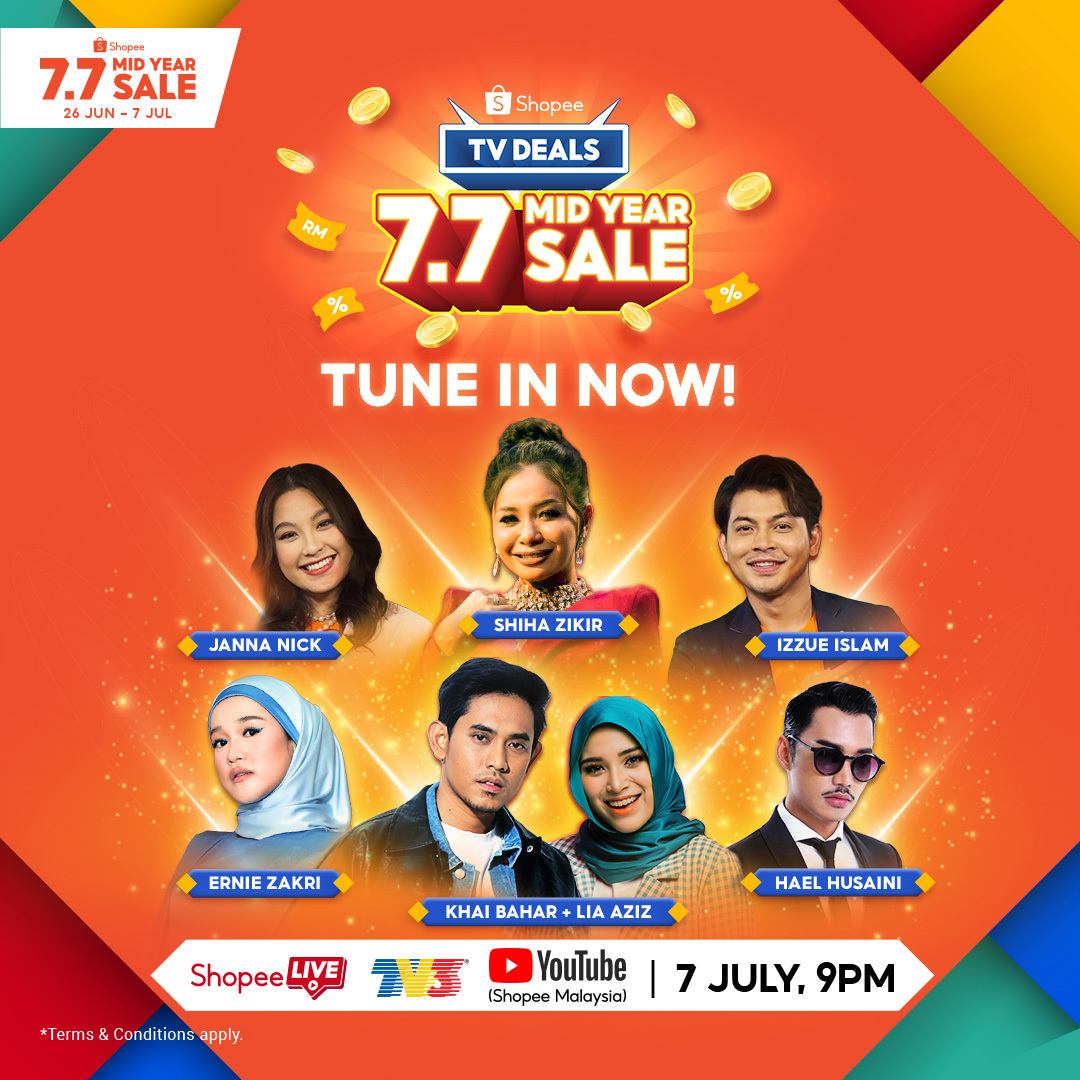 ShopeeMY's tweet photo. It’s happening NOW 📺! Tune in to Shopee TV Deals 7.7 Mid Year Sale TV Show at https://t.co/5AJpNvUeAf, TV3 or Shopee Malaysia's YouTube Channel to catch our star-studded lineup of performers and exclusive deals 🛍️! 

#ShopeeMY #ShopeeMY77 https://t.co/GMJ1svYVfj