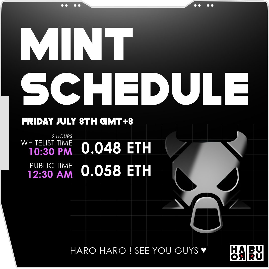 💟Haro Buru Minting in 24 hours!💟 July 8th 10:30PM GMT+8 💟Whitelist 2 hours: 10:30 PM 0.048 ETH 💟Public 0.058 ETH mint.haroburu.io Series Reveal in 24 hours after Mint! See you guys tomorrow ! 🎉1X Free BURU and Real Life Collectible like, rt and tag 3 bulls