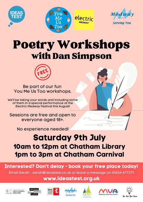 ArchesLocal's tweet photo. ✍️ @IdeasTest presents FREE poetry workshops with Dan Simpson in Chatham library on Saturday 9 July📚
Some words will light up in @ElectricMedway 💡
See poster for further details and to book your Free places.
#ElectricMedway #IdeasTest #YouMeUsToo https://t.co/baeGFlsMLQ