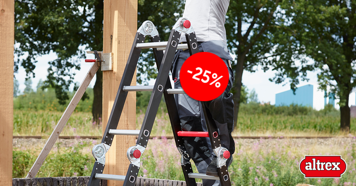 🔝 | Tot 𝟮𝟱% 𝗸𝗼𝗿𝘁𝗶𝗻𝗴 op Altrex vouwladders

Multifunctioneel én perfect voor elke professionele klus. Sla je slag met kortingen tot wel 25% op de Varitrex Prof, Teleprof en Teleprof Flex.  

📍 Verkrijgbaar bij 1.500 verkooppunten
ℹ️ altrex.com/nl/nl/acties