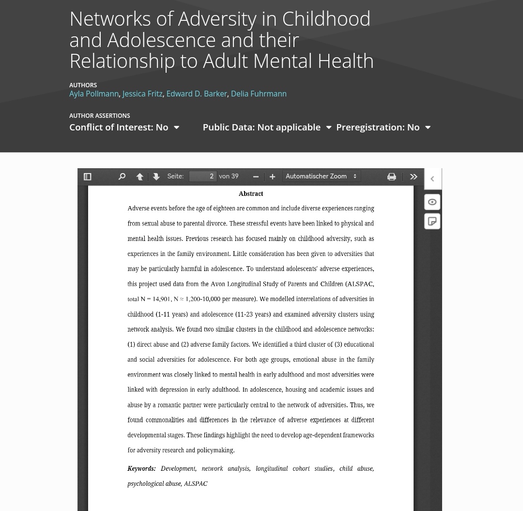 Ayla (@ayla_pollmann) on Twitter photo Very proud to publish my first preprint: Networks of adversity in adolescence and their
relationship to adult mental health, with my wonderful supervisors and co-authors
<a href="/DeliaFuhrmann/">Dr Delia Fuhrmann</a>, <a href="/DrJessicaFritz/">Jessica Fritz</a> and @t_e_d_barker. psyarxiv.com/e5xmn 1/5 Very proud to publish my first preprint: Networks of adversity in adolescence and their
relationship to adult mental health, with my wonderful supervisors and co-authors
<a href="/DeliaFuhrmann/">Dr Delia Fuhrmann</a>, <a href="/DrJessicaFritz/">Jessica Fritz</a> and @t_e_d_barker. psyarxiv.com/e5xmn 1/5
