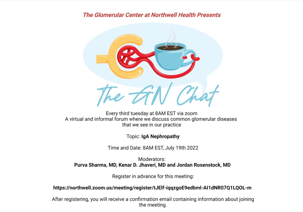 kdjhaveri's tweet photo. Glomerular Center at @HofstraKidney @HofNorthwellDOM #gnchat July 19th 8AMEST 
IgA Nephropathy cases

Register in advance for this meeting:
https://t.co/wyBJxvbIaQ 
After registering, you will receive a confirmation email containing information about joining the meeting. https://t.co/ka460pOba6