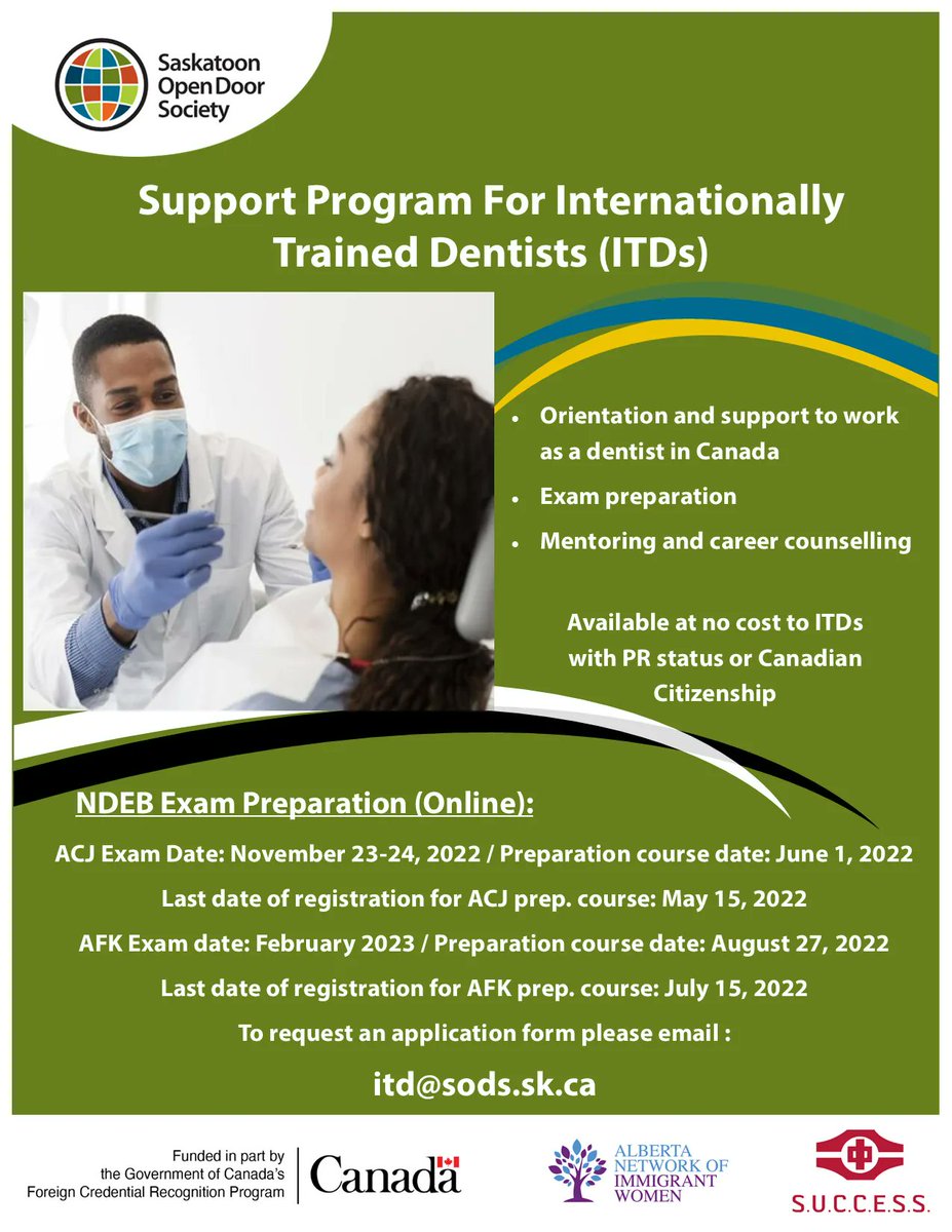 ArrivePrepared's tweet photo. A new support program by @SaskOpenDoor Society for Internationally Trained Dentists looking to practice in Canada.

If you or someone you know is interested in the program, please request an application form from us at itd@sods.sk.ca
#SOPASK #Saskatoon #Dentists https://t.co/SCbEWY84es