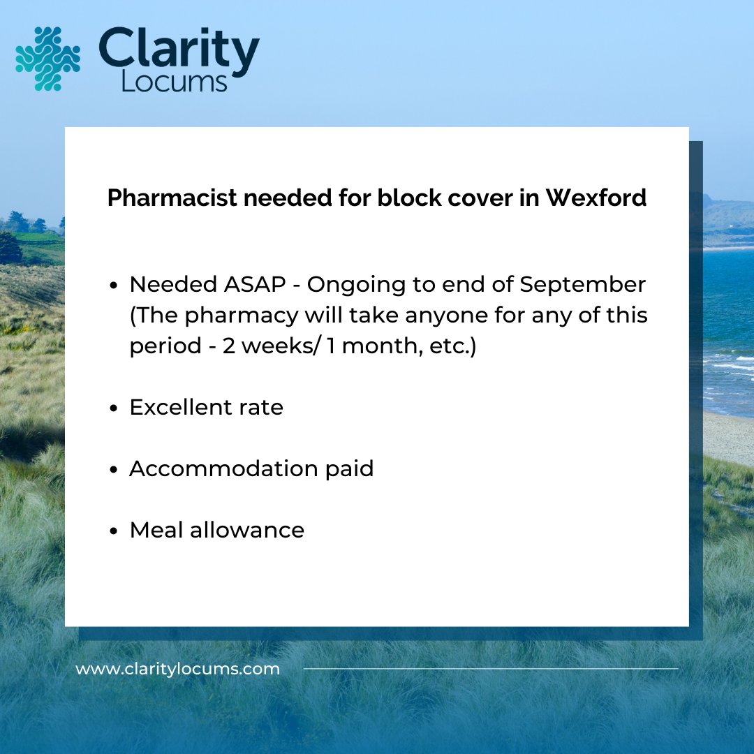 ClarityLocums's tweet photo. ⭐️ NEW WEXFORD BLOCK ⭐️

A pharmacy in Wexford are looking for block cover until the end of September. View more details below ⬇️

Get in touch at blocks@claritylocums.com if you're interested! https://t.co/v5X0p4CYCs
