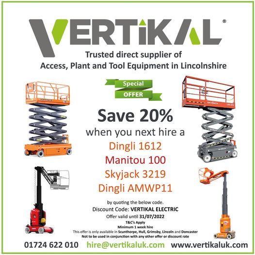 🟢 Vertikal Access July Offer 🟢
Enjoy an incredible 20% off
🔸 Dingli 1612
🔸 Manitou 100
🔸 Skyjack 3219
🔸 Dingli AMWP11
📞 01724 622010
📧 hire@vertikaluk.com
T&amp;C's apply 
Offer is valid until the 31/07/2022
Minimum 1 week hire in Scunthorpe, Grimsby, Hull, Lincoln, Doncaster