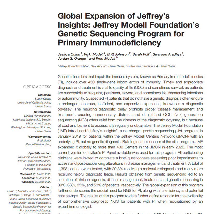 This <a href="/FrontImmunol/">Frontiers - Immunology</a> study of 1,398 patients with primary immune deficiency showed that genome sequencing yields a molecular diagnosis in 20% of cases, Results led to changes in disease management  in 39% of patients. <a href="/Info4PI/">Jeffrey Modell Foundation (JMF)</a>  frontiersin.org/articles/10.33…
