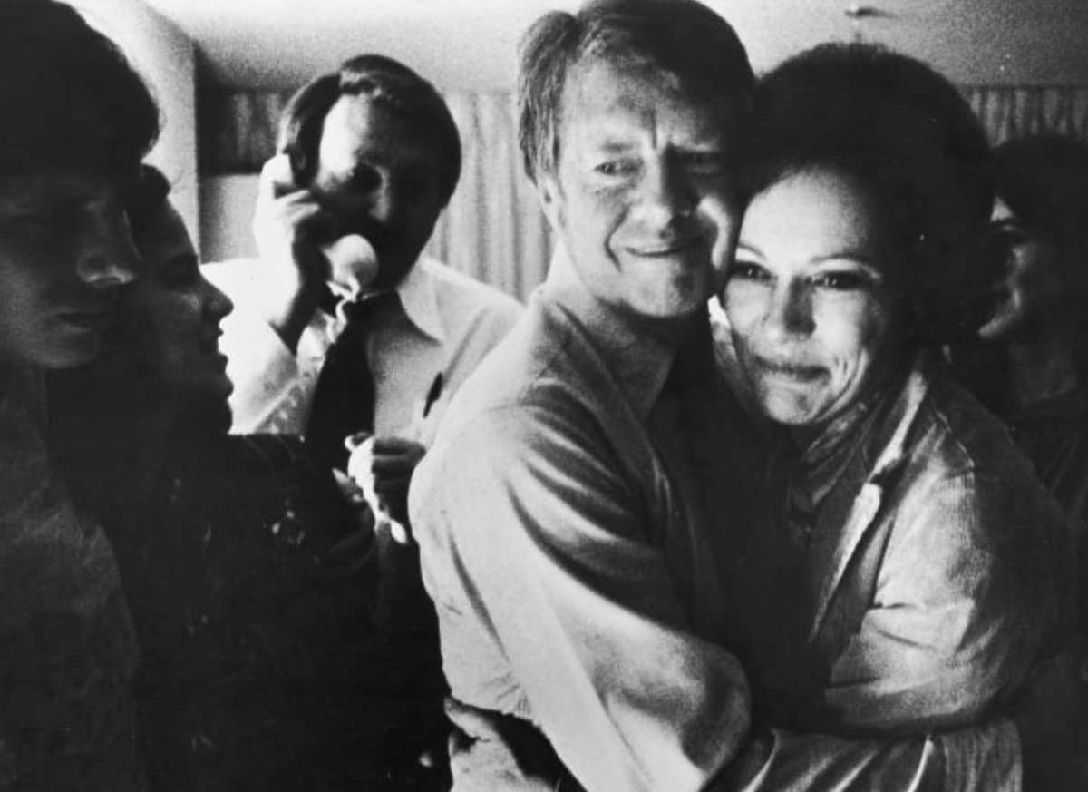 Rosalynn and Jimmy Carter (here after networks called his 1976 victory) celebrate their 76th wedding anniversary today -- longest marriage in Presidential history: