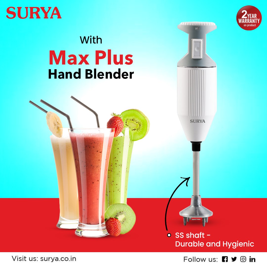 surya_roshni's tweet photo. Preparing smoothies made easier with Surya Max Plus Hand Blender

Visit us at - https://t.co/pH3QJnkfBf  

#Surya #SuryaAppliances #SmoothieRecipe #Summers #HandBlender #HandBlendingMachine #Smoothies #MaxPlusHandBlender #HandMixer #KitchenEssentials #KitchenAppliances https://t.co/KyLlV3yB9f