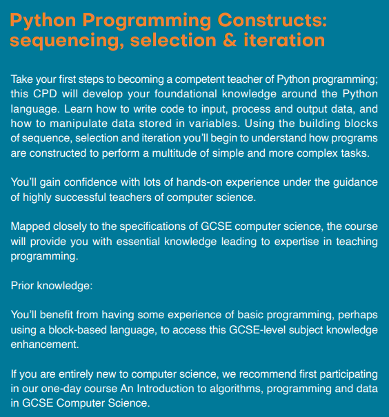 CompSciCastle's tweet photo. *NEW RELEASE* 
🖥️Python programming constructs: sequencing, selection &amp; iteration 🖥️

FREE CSA course plus £220 bursary for state-maintained schools!

19 July 2022 @ 09:15 - 16:00 with @SB_EdTech 

Book here: https://t.co/lnWXmXijcz

#gcse #computing https://t.co/m9DGKUDjIh