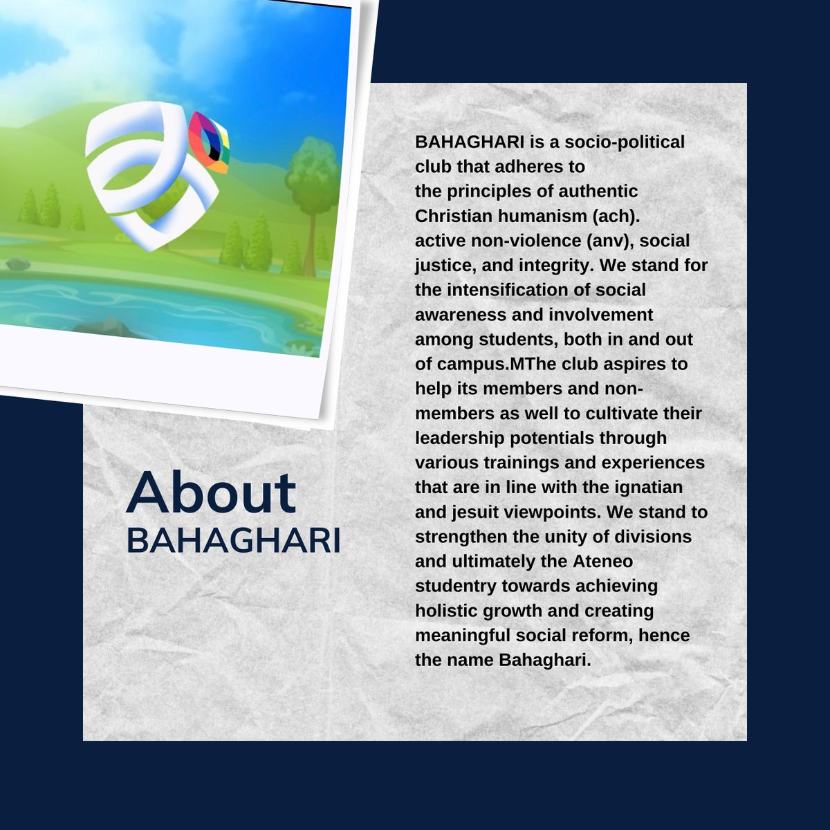addusca's tweet photo. SCA DAILY ORG FEATURE | BAHAGHARI
BAHAGHARI @addu_bahaghari is a socio-political club that adheres to the principles of authentic Christian humanism
. active non-violence, social justice, and integrity.
#SIMULA2022
#COADRecWeek
#TapTheUntapped https://t.co/S2JcTmPbWK