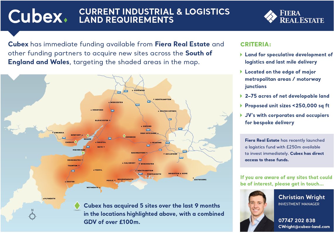 Cubex has had a hugely successful start to 2022, completing on 5 deals with a GDV of over £100m. We have immediate access to funding for industrial and logistics sites across the South of England and Wales for land that meets the criteria below.  #logistics #newsites #industrial