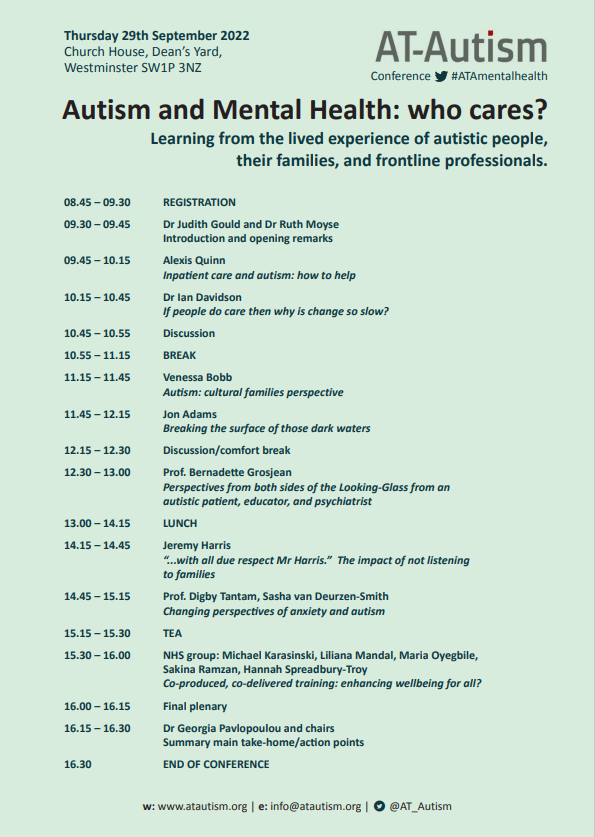 AT_Autism's tweet photo. Have you got your ticket yet for our conference? 

➡️'Autism and mental health' 
➡️29th Sept @Churchhouseconf 

📢Last day for early birds is tomorrow! 

Full programme below 👇
#ATAmentalhealth
#autism #mentalhealth #Tier4AFC https://t.co/X9OF4nav4p