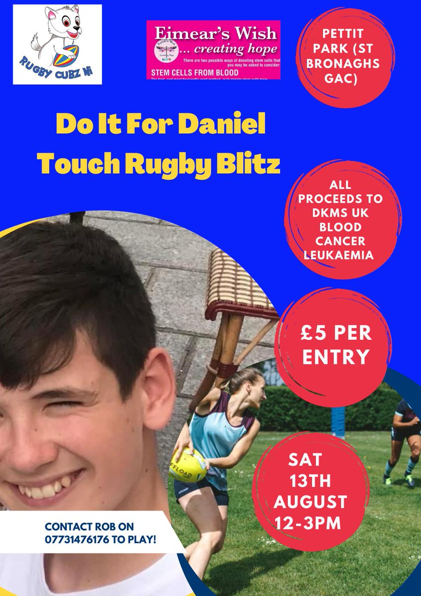 UlsterBranch's tweet image. 🏉 Next month at @RostrevorGAA, a Touch Rugby Blitz is taking place for Daniel Greer, who's been diagnosed with leukaemia. 

Proceeds will go to charity, and nurses will be there to take swabs to try to find a donor match for Daniel 👇