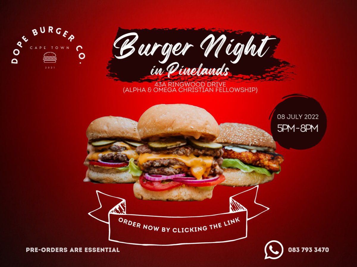 dopeburgercocpt's tweet image. What's up "Dope Burger Family" 🔥

We are so excited to announce that we will be in Pinelands this Friday, 8 July. Make sure to get your orders in as pre-orders are essential!