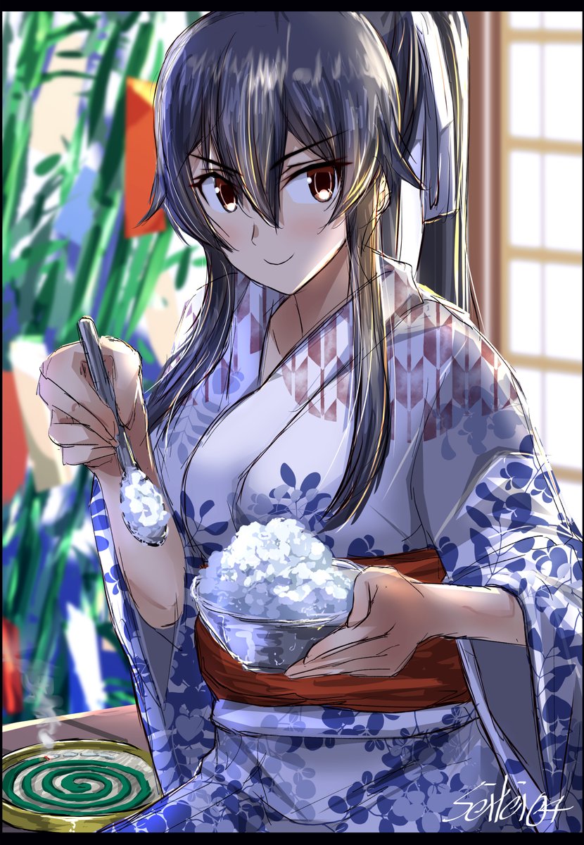 yahagi (kancolle) 1girl japanese clothes solo black hair kimono long hair ponytail  illustration images