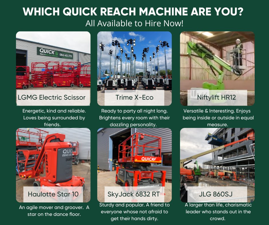 ✨ Which Quick Reach Machine are you? ✨

All these machines are ready and available to hire nationwide!

📞0161 789 5600
📧enquiries@quick-reach.co.uk
💻 quick-reach.co.uk

#lgmg <a href="/TrimeUK/">Trime UK</a> <a href="/NiftyliftWorld/">Niftylift Worldwide</a> <a href="/haulottegroup/">Haulotte</a> <a href="/SkyjackInc/">Skyjack Inc</a> <a href="/JLG_Industries/">JLG Industries</a>