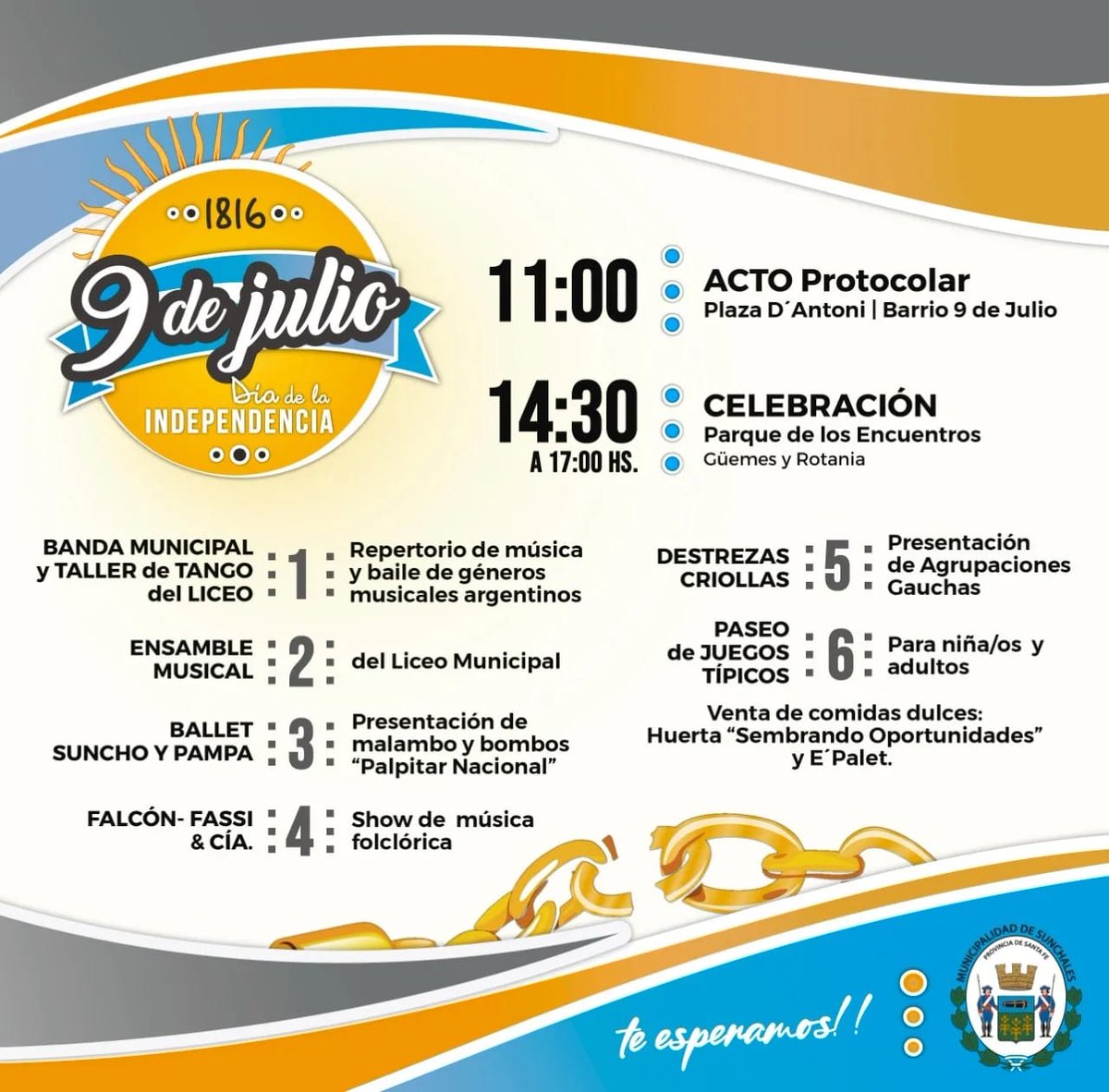 MuniSunchales's tweet photo. Cronograma de actos y celebraciones del 9 de Julio https://t.co/B9PGnL0CE1