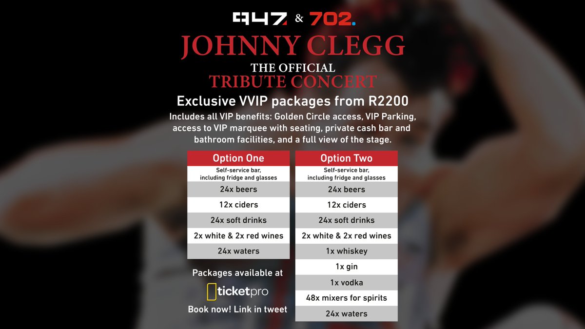 Want the ultimate VIP experience at the Johnny Clegg Official Tribute Concert? Check out the VVIP Packages from <a href="/TicketProSA/">Ticketpro</a>

 Fill in the form to receive a quote from Ticketpro: herokey.typeform.com/to/Bio1Td55
