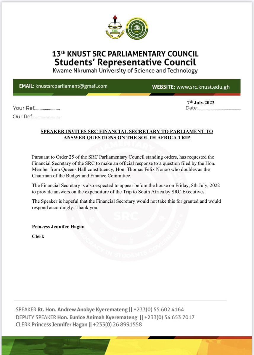src_parliament's tweet photo. FOR IMMEDIATE RELEASE
Speaker of the house, Rt. Hon. Andrew Anokye Kyeremateng has invited the SRC Financial Secretary to respond to a question raised by the Budget and Finance Committee Chairperson on the trip to South Africa.
#13thHouse https://t.co/s7Xt2qB60B