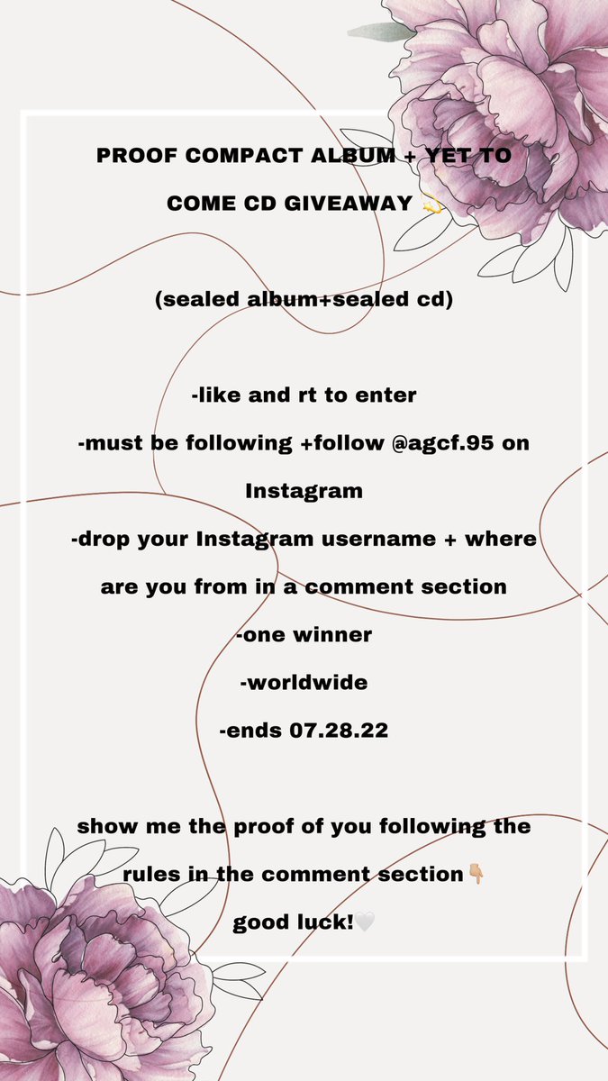 agcf95's tweet photo. PROOF COMPACT ALBUM + YET TO COME CD GIVEAWAY 💫 

MUST BE FOLLOWING THE RULES!🤍

#btsgiveaway #GiveawayAlert #YetToCome #BTSPROOF https://t.co/L2hvGTZ8qT