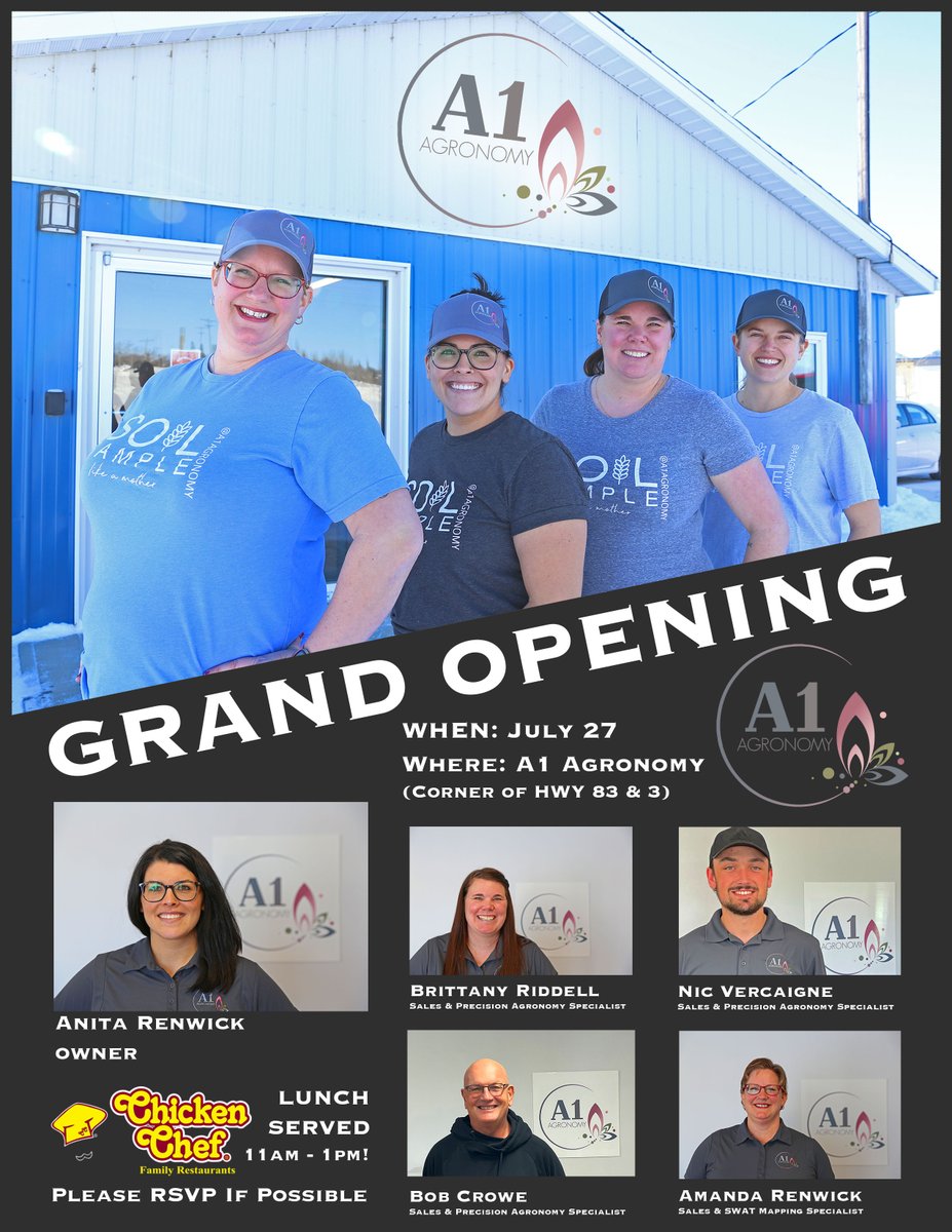a1agronomy's tweet photo. We're celebrating our grand opening on July 27th! Please pop into our office (located at the corner of HWY 3 and HWY 83) and say hello. 

Please RSVP by the 20th if possible to give us a sense of how many people will be there.

📞 (306) 339-8364
🌎 https://t.co/eoGlQk62A5 https://t.co/NYmr7wNH8M