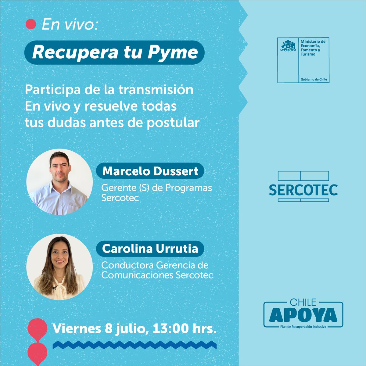 Sercotec_Chile's tweet photo. ¡Queremos guiarte en tu postulación a #RecuperatuPyme! Este viernes 8 de julio a las 13:00 horas, tendremos una nueva transmisión en vivo junto al gerente de Programas de Sercotec, Marcelo Dussert 🙌🏻
¡Te esperamos! La transmisión será a través de nuestro Instagram, #Sercotec_cl https://t.co/rwdH8NRypN