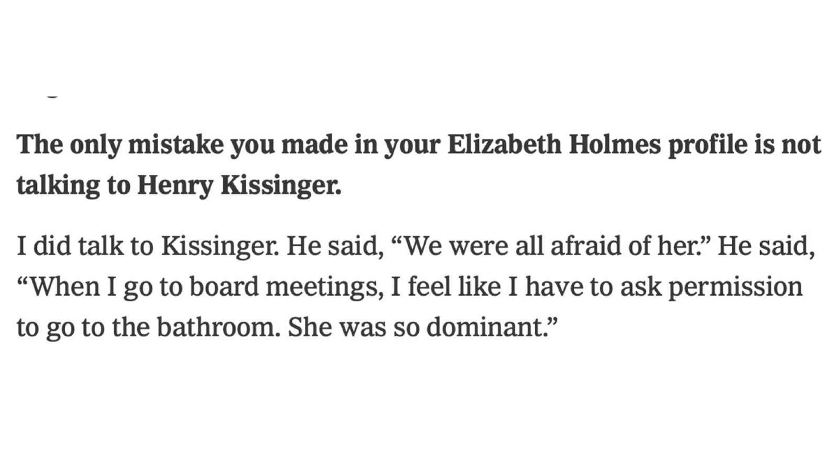 schwarz's tweet photo. You might think Henry Kissinger, as a member of the board of Theranos, never challenged the company's fraud because he's greedy and lazy. But no, it turns out it was because Elizabeth Holmes was *so scary*. https://t.co/psgFFxFEpH https://t.co/hnXhHG130Y