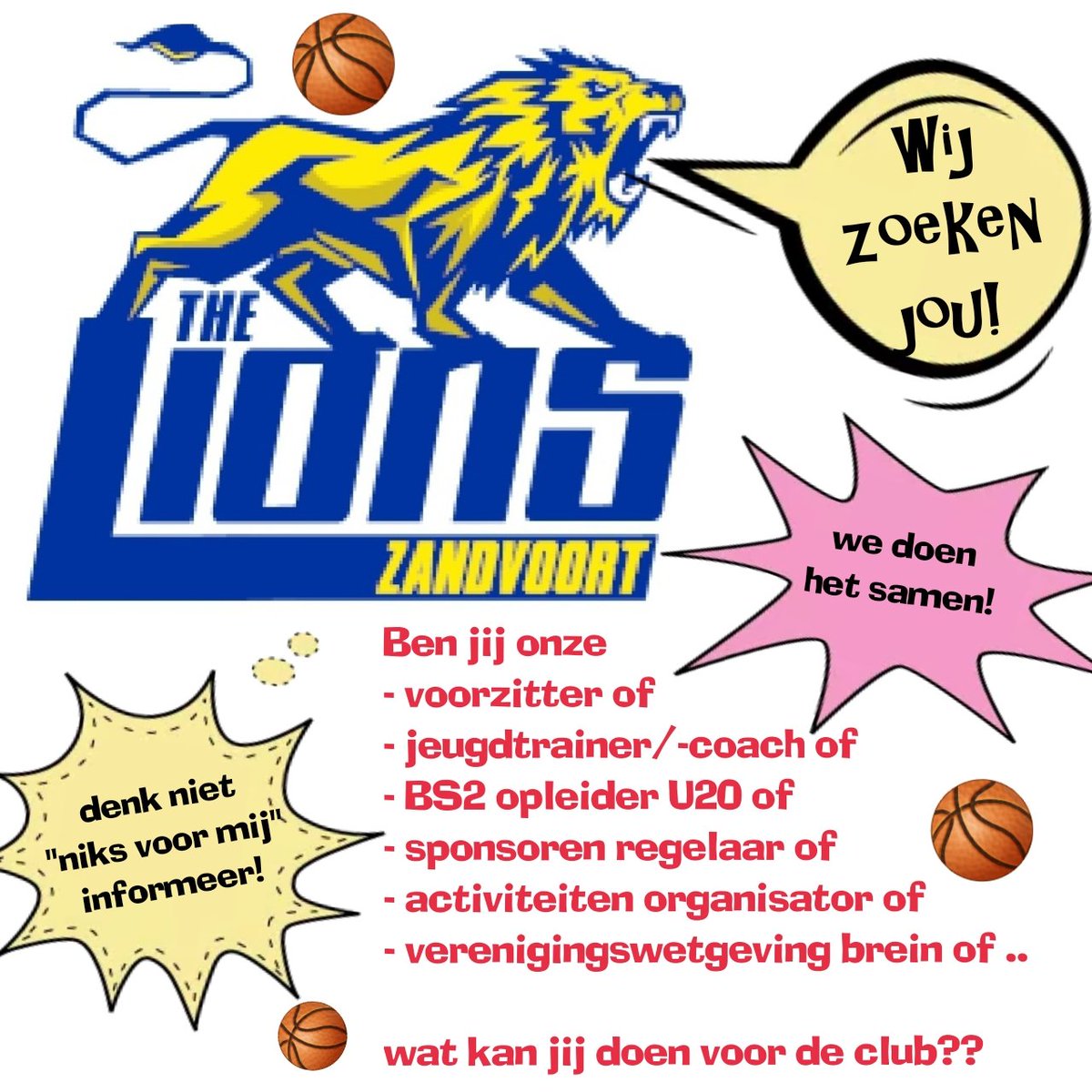We hebben mensen nodig om ook ons 58e seizoen goed te laten verlopen!
Help jij ons daarbij??
Info bij bestuur, via dm, via info@thelions.nl, kom maar op!!
#Zandvoort #basketball #samen