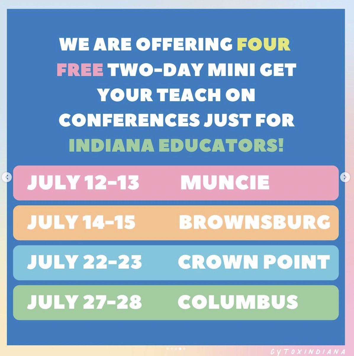 getyourteachon's tweet photo. Have you heard? GYTO has partnered with the State of Indiana to bring you FREE professional development!

Head to https://t.co/hltitWwRui to register for cons, register your school to be one of the 8 focus schools, and to get all of the updates from GYTO specifically for you! https://t.co/eJ6EzEjWr4