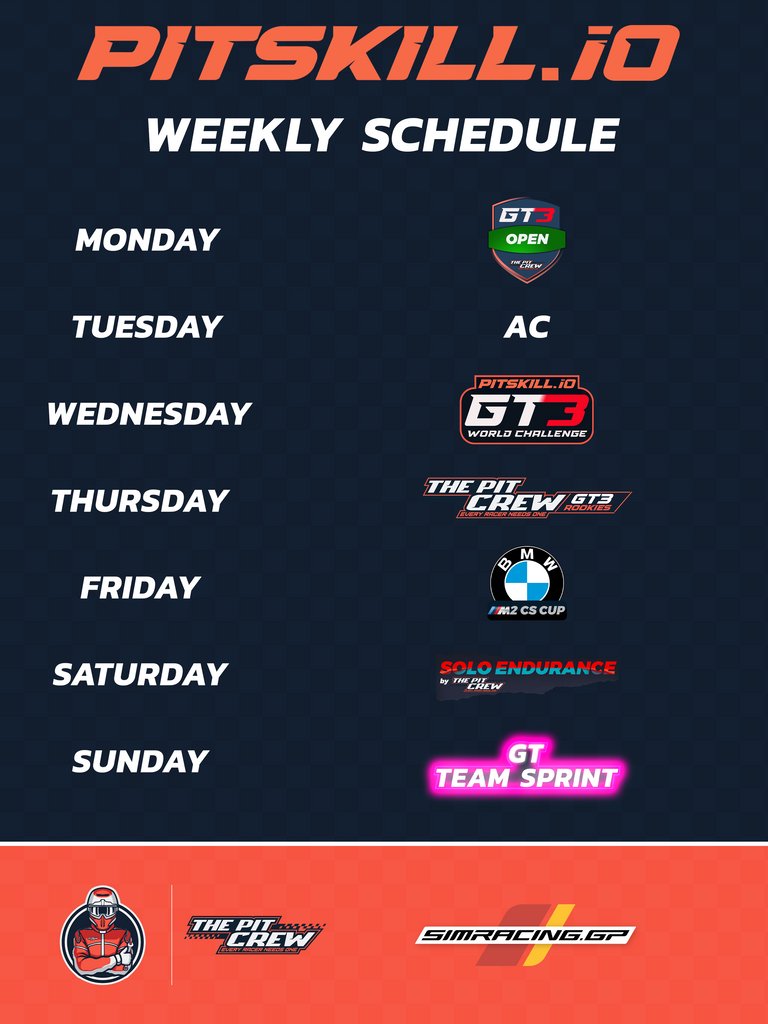 PitSkillio's tweet photo. The Weekly Schedule

With our weeks filling up we can finally show what we have in store for you!!

We have races every single day now!

To race with us sign up at https://t.co/HsiSMW4cSK

#beACC #raceTPC https://t.co/RL3tHo6xED