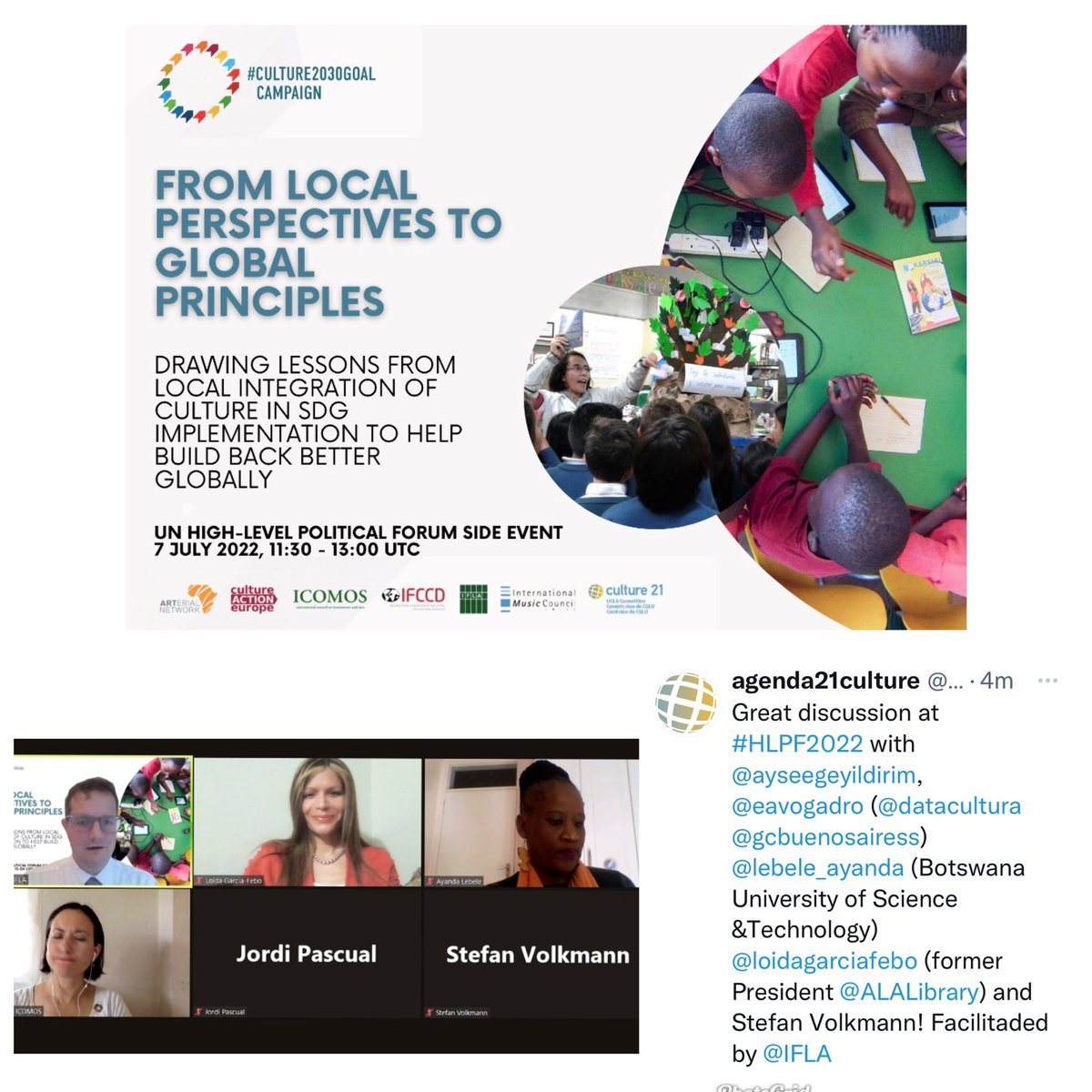 Delighted to share case-studies of libraries as cultural institutions integrated in2 local development strategies @ #HLPF2022 @UN event 'From local perspectives to global principles...' by @culture21 @IFLA  #culture2030goal #SDGs #Agenda2030 
cc: @ALALibrary