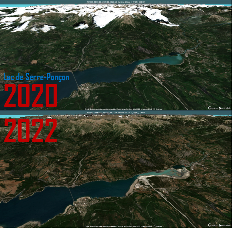 SergeZaka's tweet photo. Après avoir perdu près de 9 mètres à cause de la sécheresse qui perdure depuis 6 mois, la partie haute du Lac de Serre-Ponçon, côté Embrun est dorénavant en partie à sec.
Le lac devrait encore perdre quelques mètres dans les jours/semaines à venir. https://t.co/7ZjVNs8zz1
