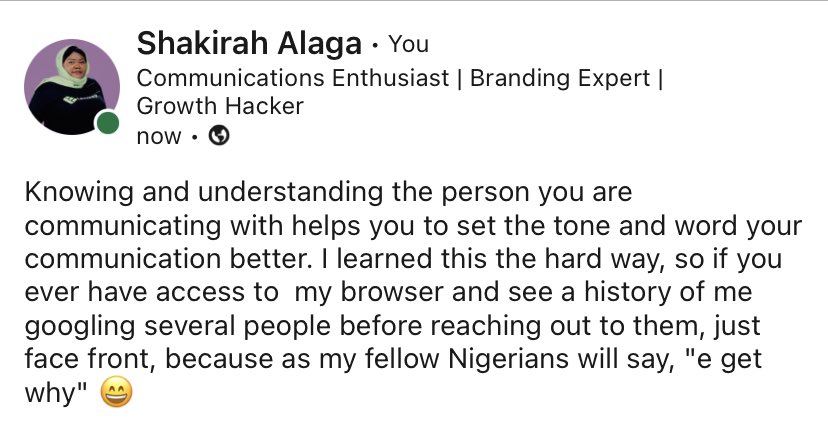 KIRAAH_'s tweet photo. A little juice for my LinkedIn followers. Imagine a world filled with people that communicate better…
I see that world and since I’m very generous, I’m sharing this piece i wrote here with you too😇
Read more here: https://t.co/9x6UuvEAmh
#CommsOfThings
#CommsForDev https://t.co/hXsHSRDCCb