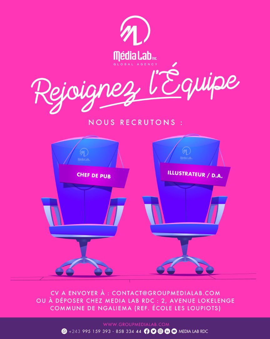 medialabRdc's tweet photo. Média Lab RDC recrute 1 chef de pub et 1 directeur artistique (graphiste &amp; illustrateur). 
*Avoir travaillé en agence.
 -Envoyez vos CV par mail ou déposez à nos bureaux sise 2 av Lokelenge, basoko c/NGALIEMA.  Ref les loupiots. Limite : 31.07.2022 https://t.co/Jfs6dF0qEI