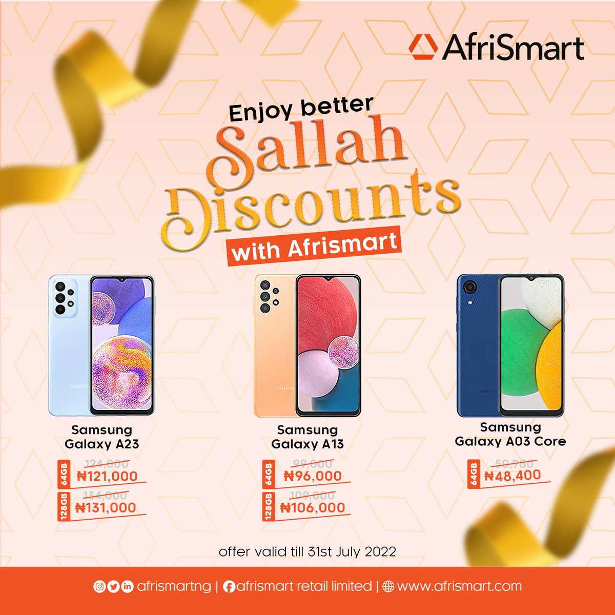 AfrismartNg's tweet photo. Sallah ti de o🥳🥳
This one na better Sallah with us, sweet sweet discounts wey you no wan miss!!

Enter our dm now or visit https://t.co/s4c8WV3b1U make you place your order. 
You fit Whatsapp us on 08172758440.

Valid till the 31st of July, 2022.

#sallah #betterpackage https://t.co/XtIvRHom2N
