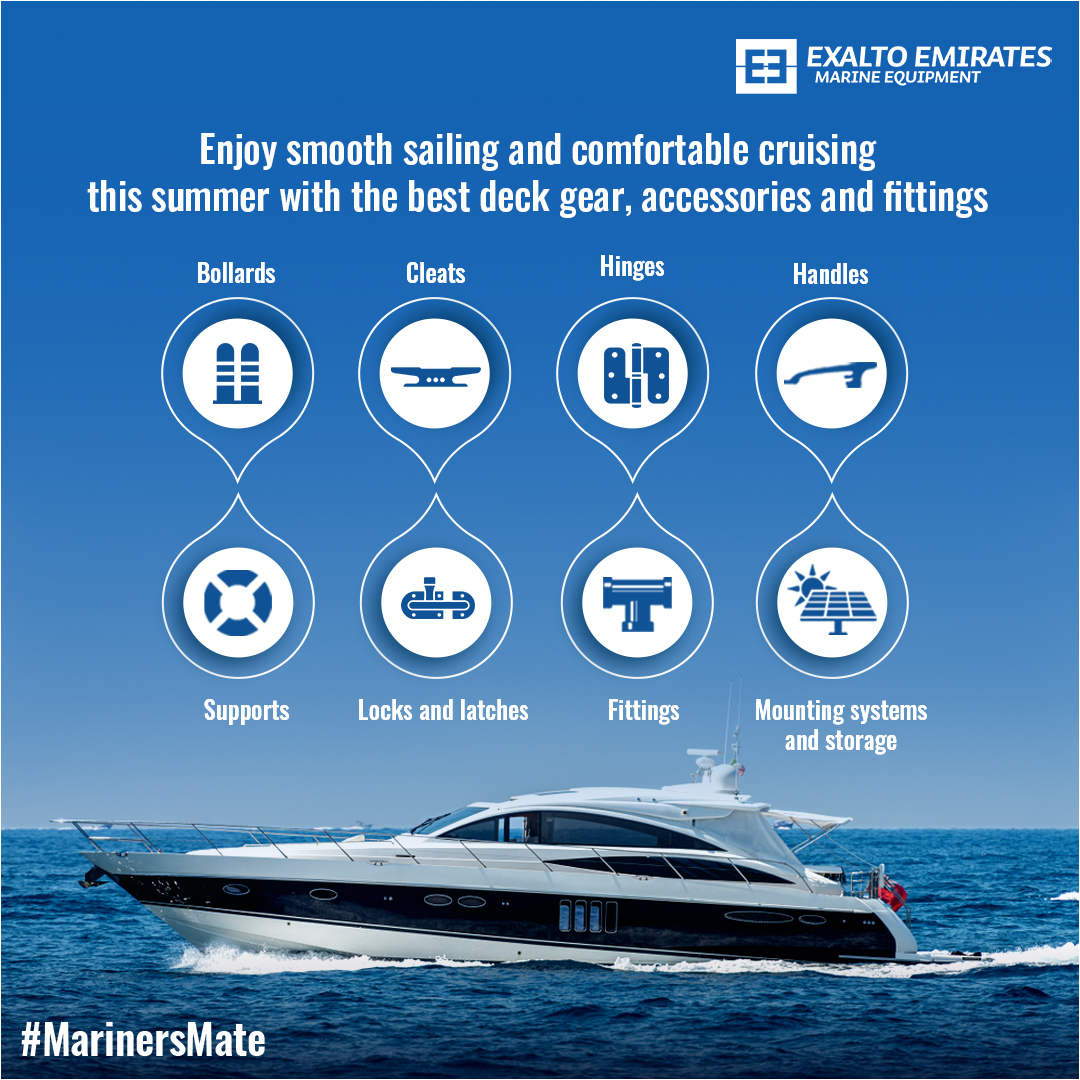 Be safe &amp; secure at sea with your #MarinersMate #EE and the highest quality deck fittings &amp; other accessories available from us right now.
Find out more at: exalto-emirates.com
☎️06 545 3366
WhatsApp at +971 50 247 5019
#Hardware #Accessories #Handles #Locks #Latches #Sailing