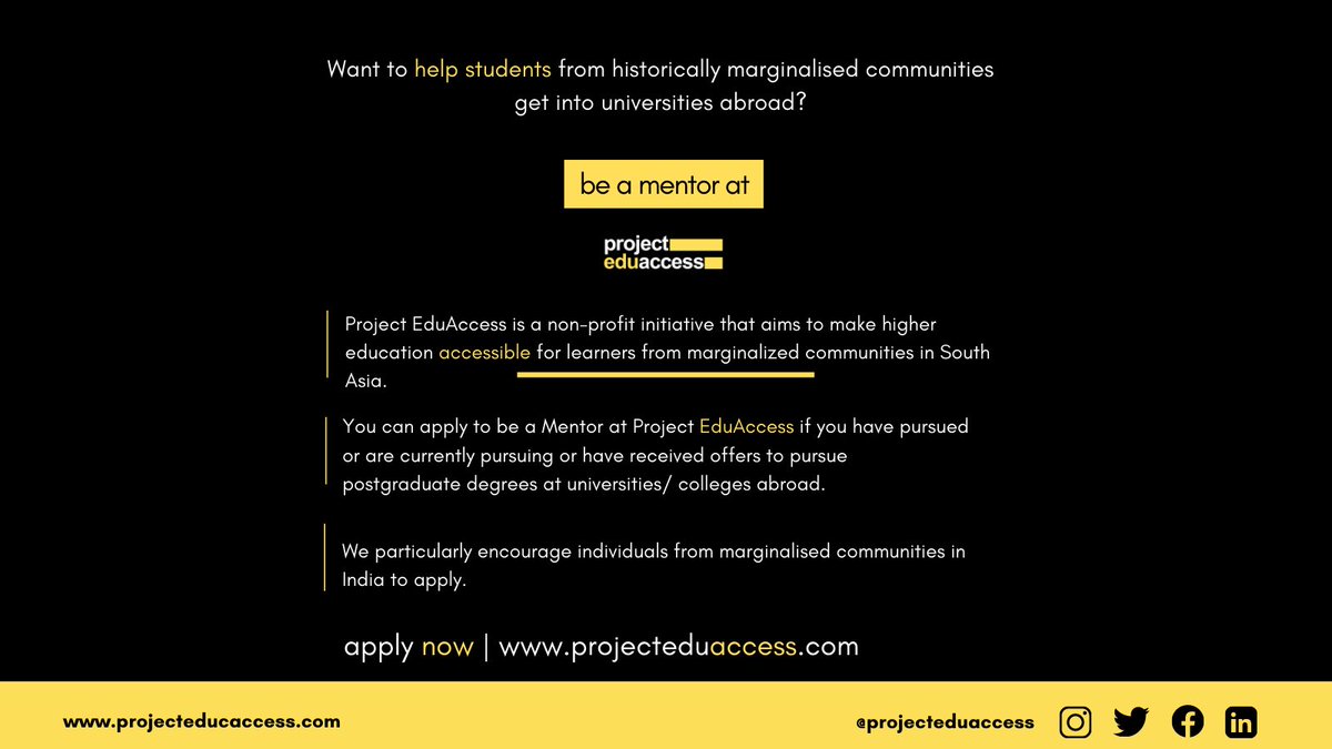 ProjEduAccess's tweet photo. #mentorship | Help students from marginalised communities get into foreign universities!
Be a mentor at @projecteduaccess
Apply now: https://t.co/T4pvEuy3M9
.
.
.
#mentorship #mentor #education #admissions #uk #india #abroad #marginalised #southasia #projecteduaccess https://t.co/Nlg4H5BlOh