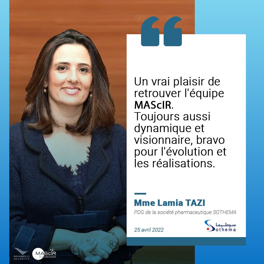 FondationMascir's tweet photo. Suite à sa récente visite à #MAScIR en avril dernier, Mme Lamia TAZI, PDG de #sothema a salué les réalisations de la Fondation en découvrant les travaux de recherche et développement menés dans de nombreux domaines notamment dans le secteur de la santé.
#innovationmadeinmorocco https://t.co/sXNWfkjeiw