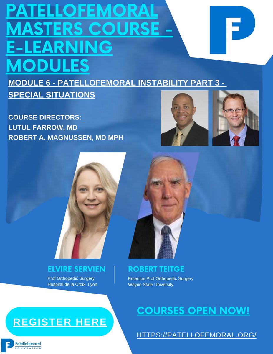 SaveThePatella's tweet photo. E-learning at its very #best! The #PFMasters Course is now available here:
https://t.co/JQk7wED6jB🔥
#LearnFromTheBest..
Module 6 #WorldClass Faculty👇
Dr. Lutul Farrow, Dr. Robert Magnussen, Dr. Elvire Servien, & Dr. Robert Teitge⚕️
#SaveThePatella #PF #Learning ⭐️ https://t.co/9pdcDGJEY1