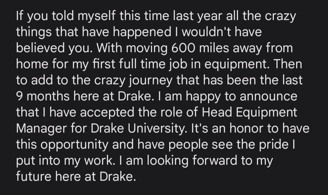 n_hericks's tweet photo. I am happy to announce that I have been promoted to Head Equipment Manager here at Drake University! https://t.co/4oOGlzNtLr