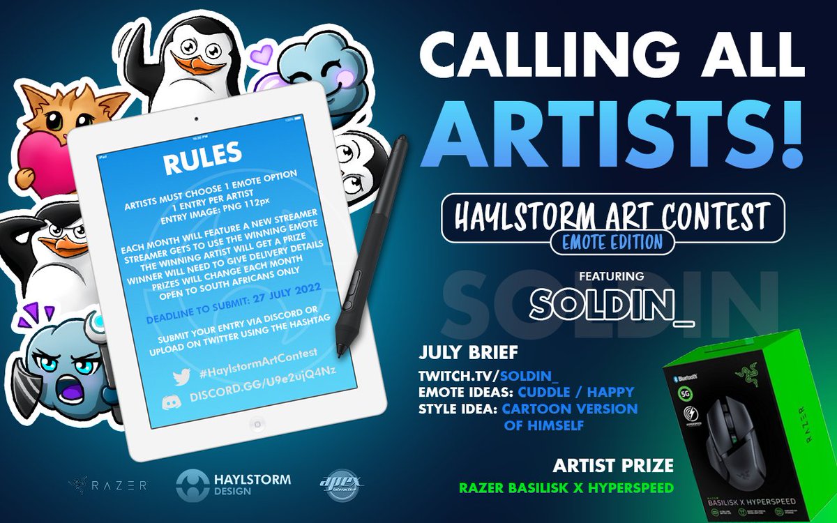 Hay_Haylstorm's tweet image. The Haylstorm Art Contest is back &amp;amp; our July featured streamer is @Soldin_!
This month the winning artist will receive a @Razer Basilisk X Hyperspeed Wireless Mouse sponsored by @ApexIntSA 
Deadline: 27 July 2022
More info: discord.gg/U9e2ujQ4Nz
#HaylstormArtContest