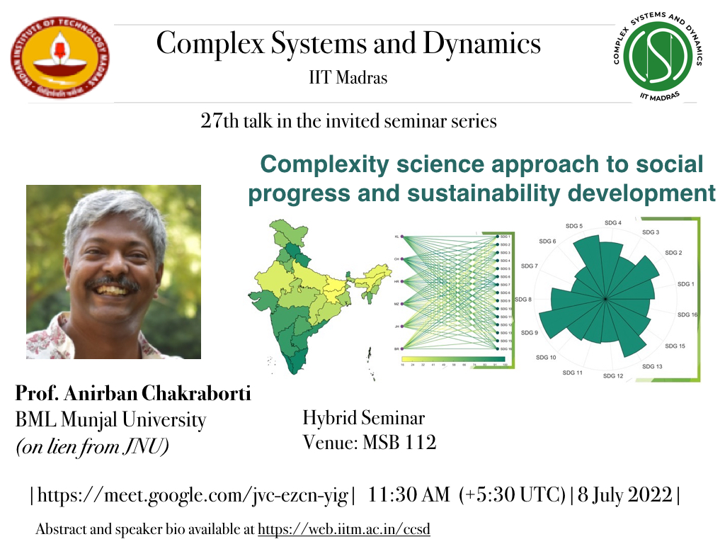 ccsdiitm's tweet image. Complex Systems &amp;amp; Dynamics, IIT Madras is pleased to announce the 27th Lecture, to be delivered by Prof Anirban Chakraborti
Title: Complexity science approach to social progress and sustainability development